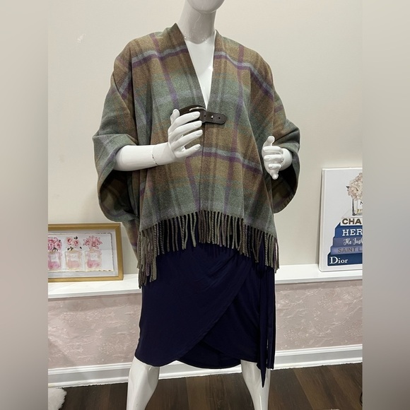 RALPH LAUREN Plaid Fringe-Trim Twill Poncho - Picture 1 of 14